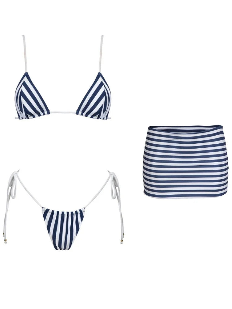 Striped Triangle Bikini Set with Cover-Up