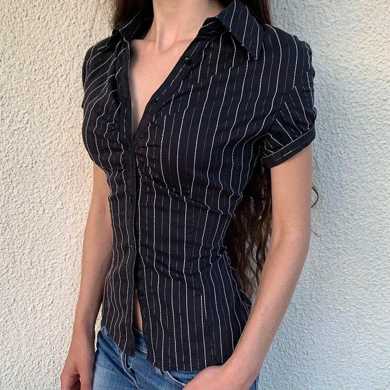 Y2K Striped Button-Up Blouse