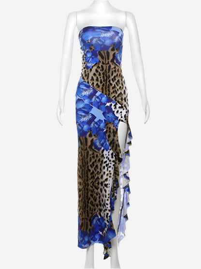 Floral Cheetah Print Slit Tube Dress