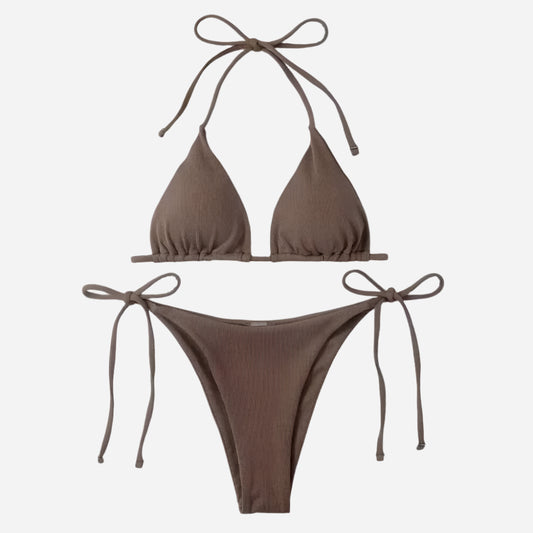 Brown Ribbed Triangle Bikini Set