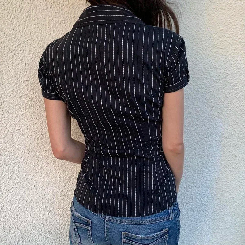 Y2K Striped Button-Up Blouse