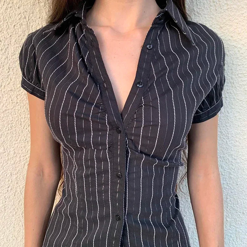 Y2K Striped Button-Up Blouse